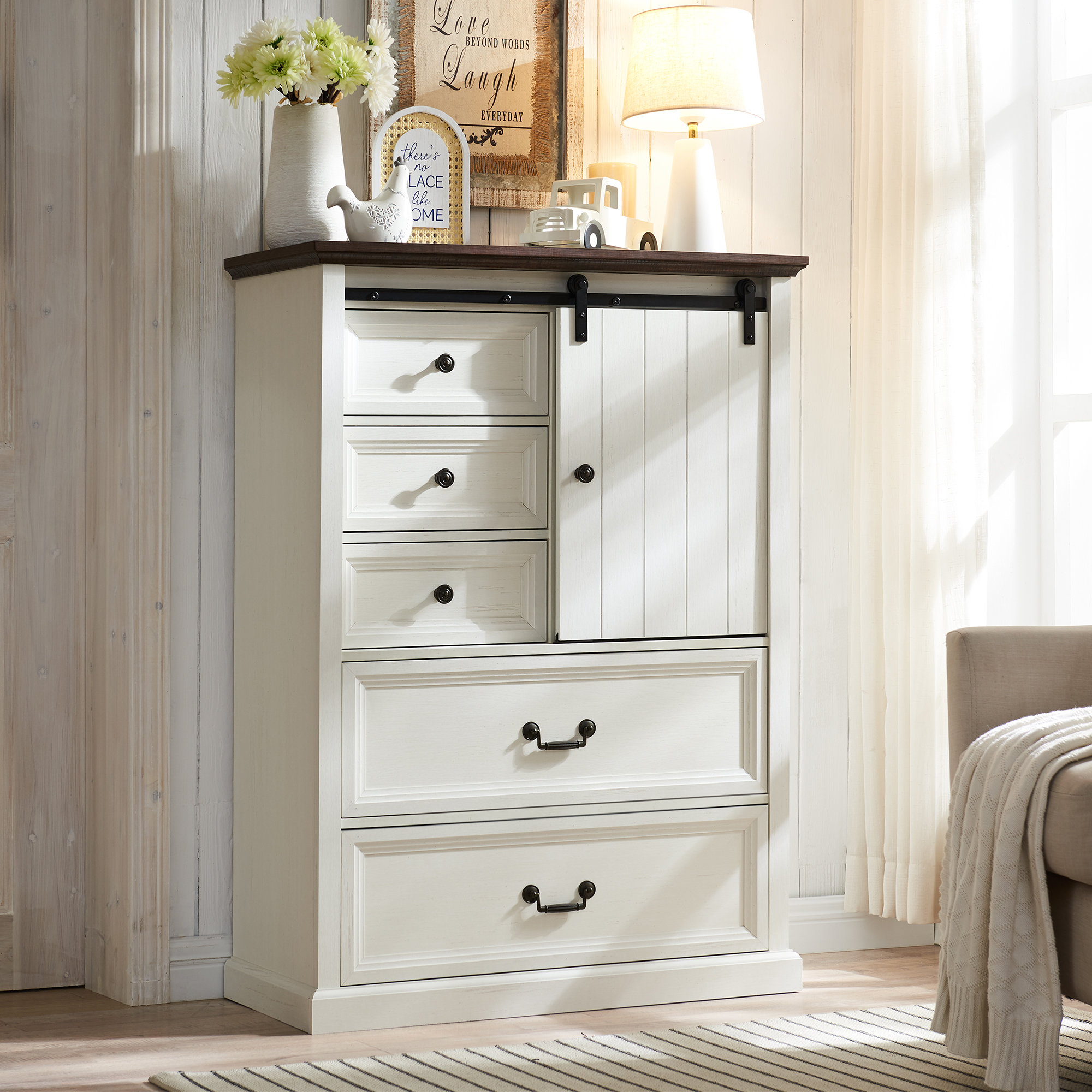 Wildon Home Caedance 5 Drawers Dresser for Bedroom Farmhouse Dressers Organizer w Sliding Barn Door Reviews Wayfair Canada